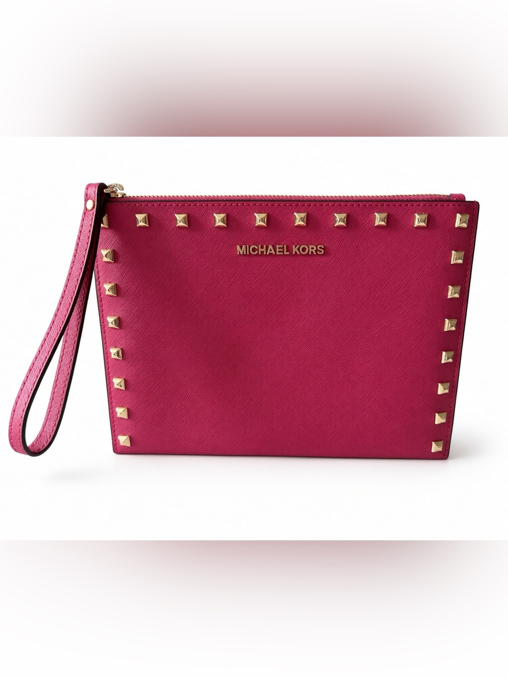 MICHAEL KORS Jet Set Hot Pink Saffiano Leather Studded Wristlet